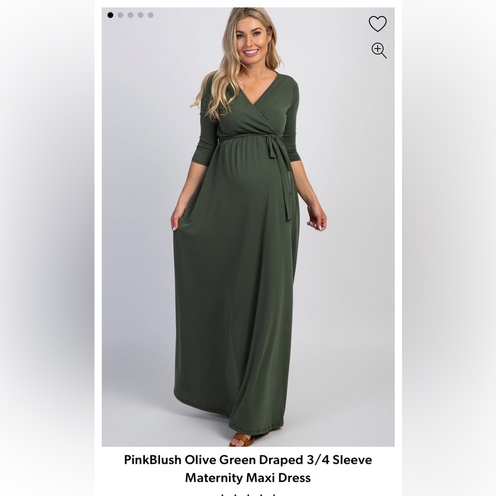 PinkBlush Olive Green Draped 3/4 Sleeve Maternity Maxi Dress, size L